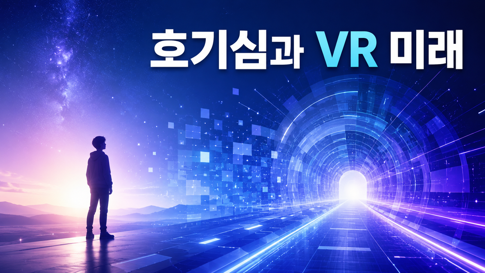 인간의 호기심이 가상현실 기술과 연결되는 미래적 디지털 공간을 상징적으로 표현한 이미지