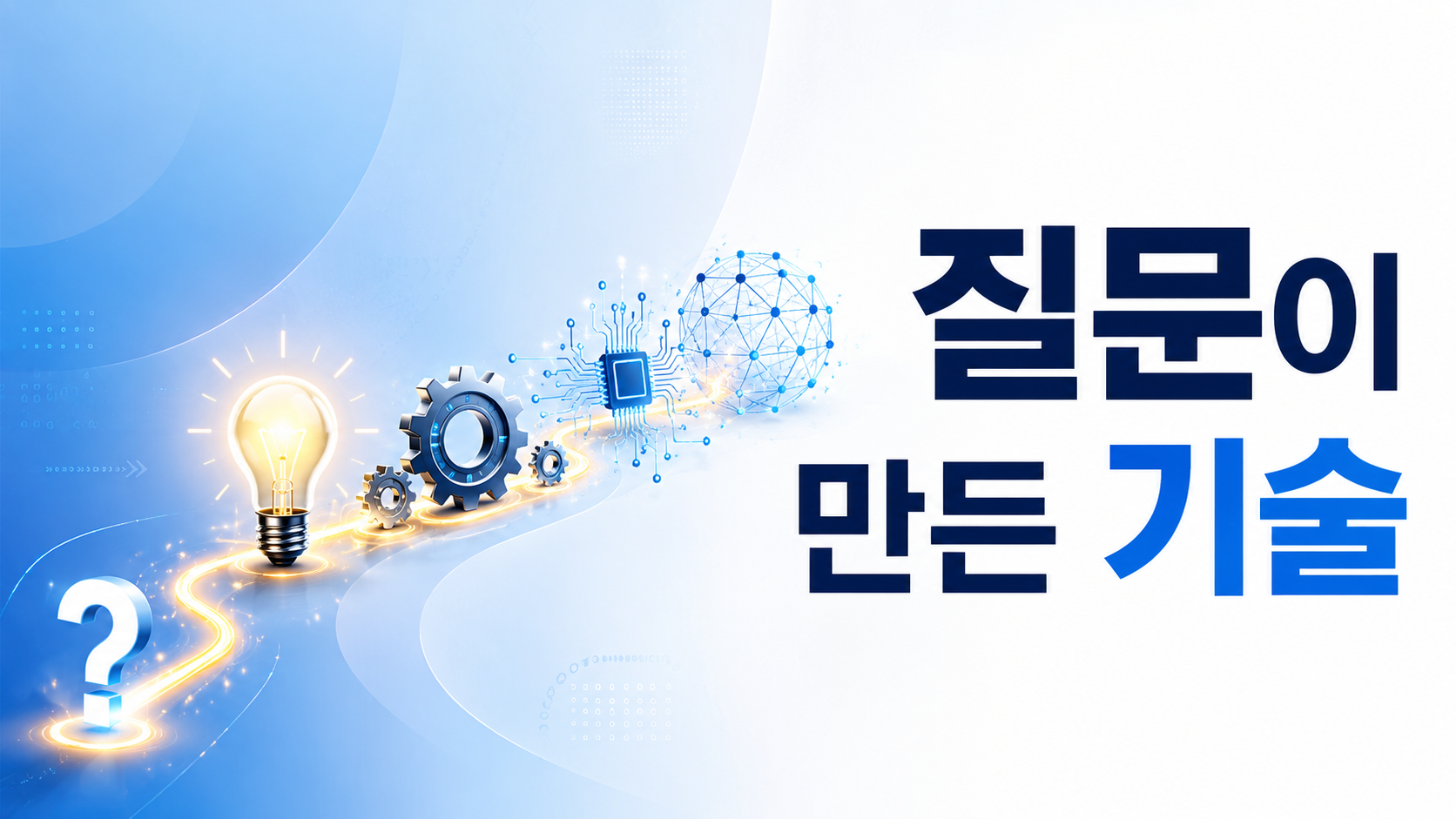 물음표에서 시작된 아이디어가 전구와 기술 요소로 확장되며 기술 혁신의 과정을 표현한 대표 이미지