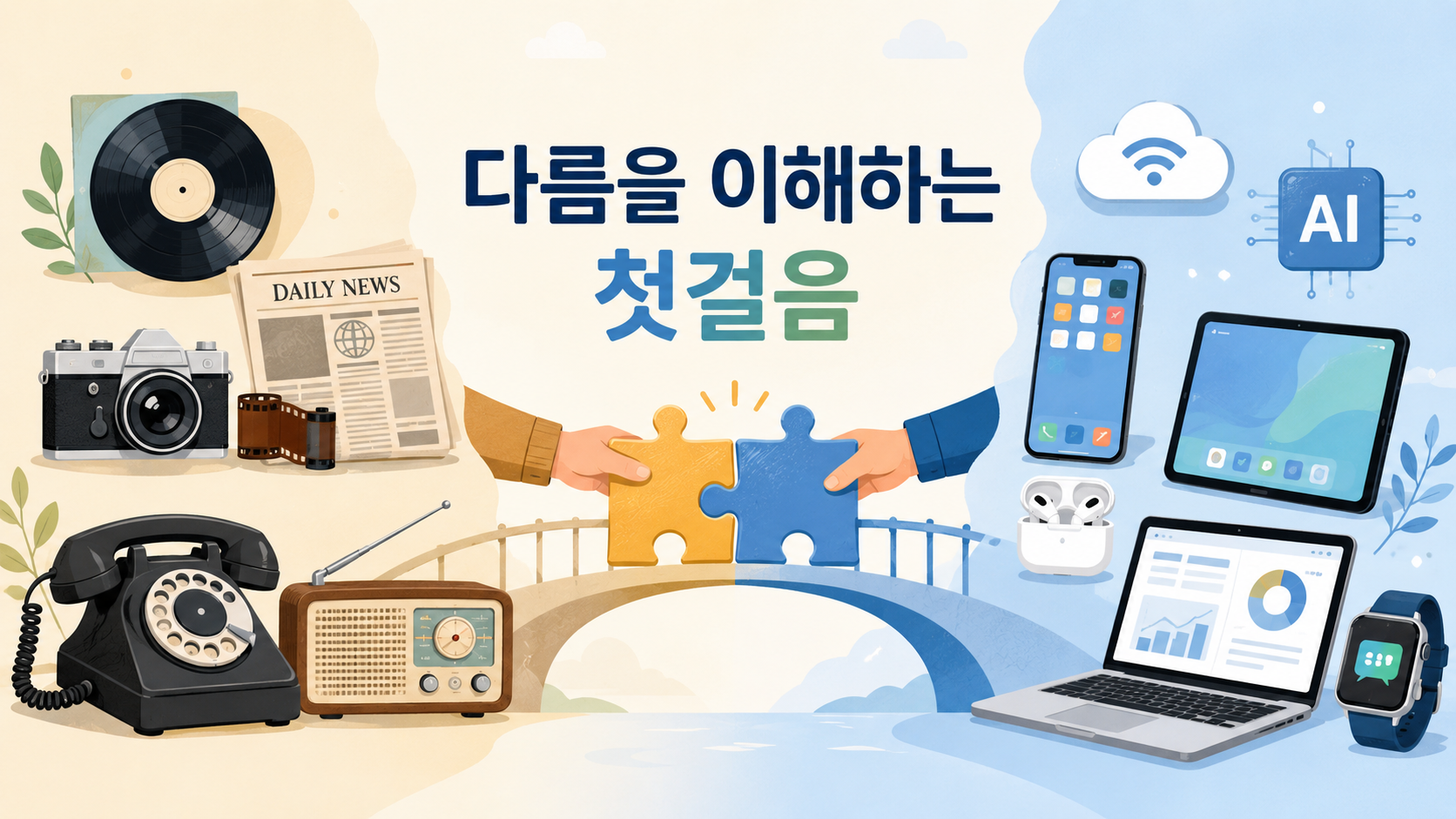 인간의 호기심이 다양한 세대를 이해하고 연결하는 과정을 표현한 일러스트