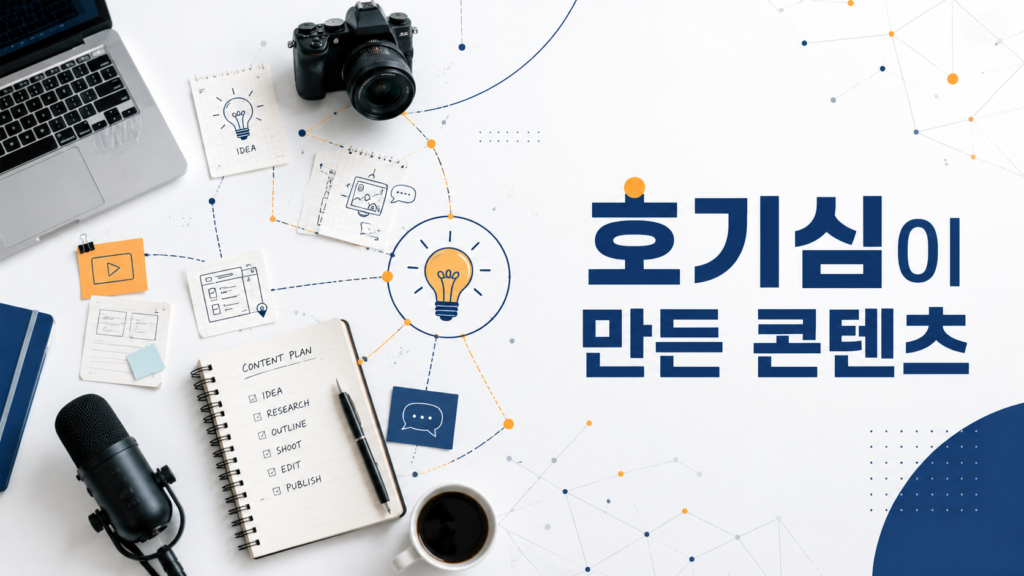 콘텐츠 제작 도구와 아이디어가 연결된 그래픽 위에 '호기심이 만든 콘텐츠'라는 문구가 배치된 대표 이미지