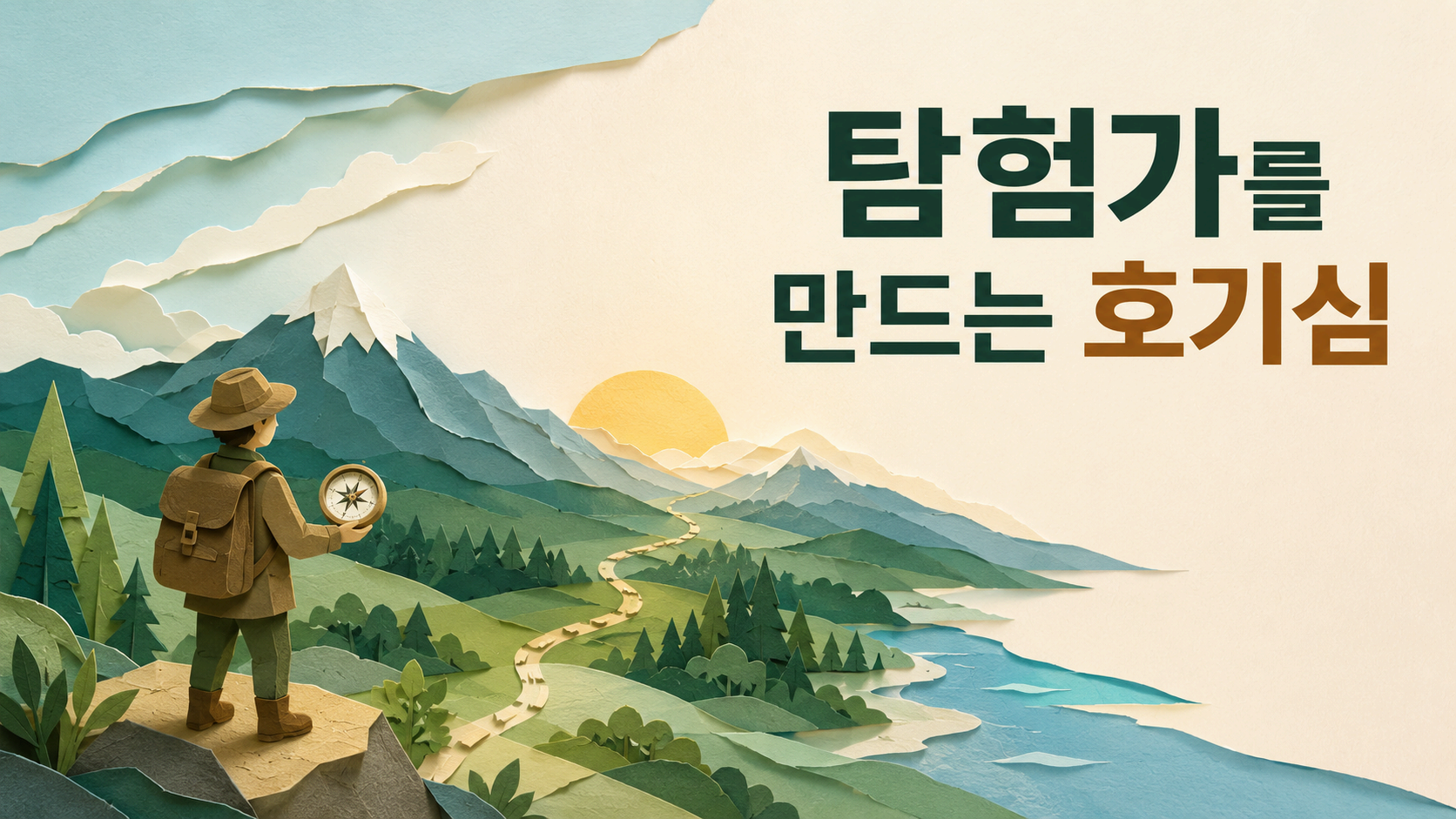 종이 콜라주로 표현된 작은 탐험가와 미지의 길이 인간의 호기심이 탐험가로 성장하는 과정을 상징적으로 보여주는 대표 이미지