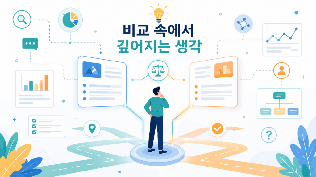 비교와 분석을 통해 사고를 확장하는 인간의 호기심을 표현한 일러스트