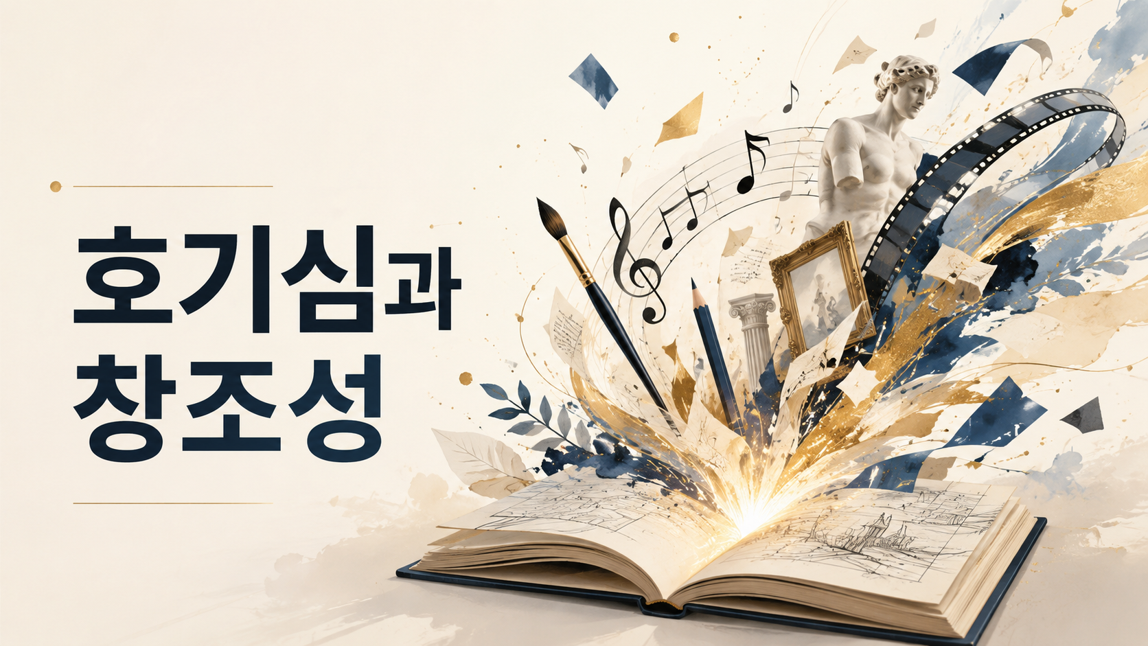 문화와 예술이 인간의 호기심에서 비롯되는 과정을 상징적인 예술 도구와 추상적 표현으로 나타낸 대표 이미지