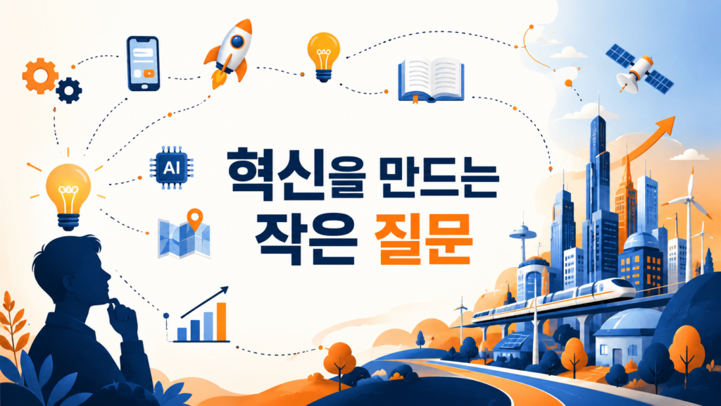 사람의 작은 질문이 전구와 기술 아이콘을 거쳐 혁신적인 아이디어로 발전하는 모습을 표현한 이미지