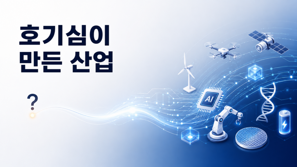 작은 호기심이 AI와 로봇, 친환경 에너지 등 다양한 미래 산업으로 확장되는 흐름을 상징적으로 표현한 대표 이미지