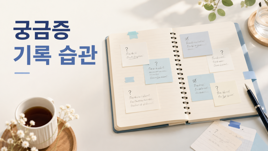 메모 노트에 떠오른 질문을 기록하며 호기심을 정리하는 모습을 표현한 대표 이미지