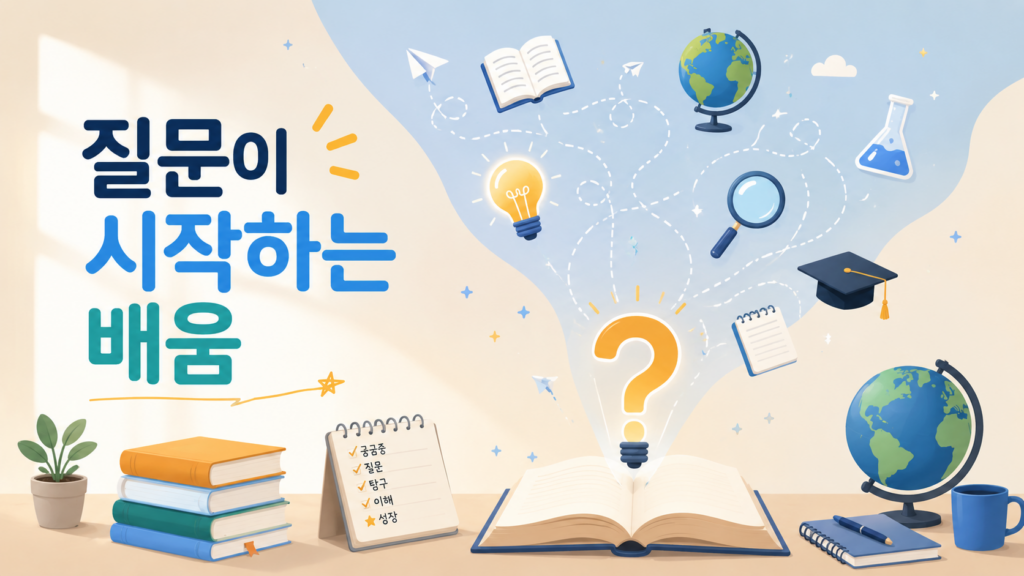 질문이 새로운 지식과 배움으로 확장되는 과정을 표현한 교육 일러스트