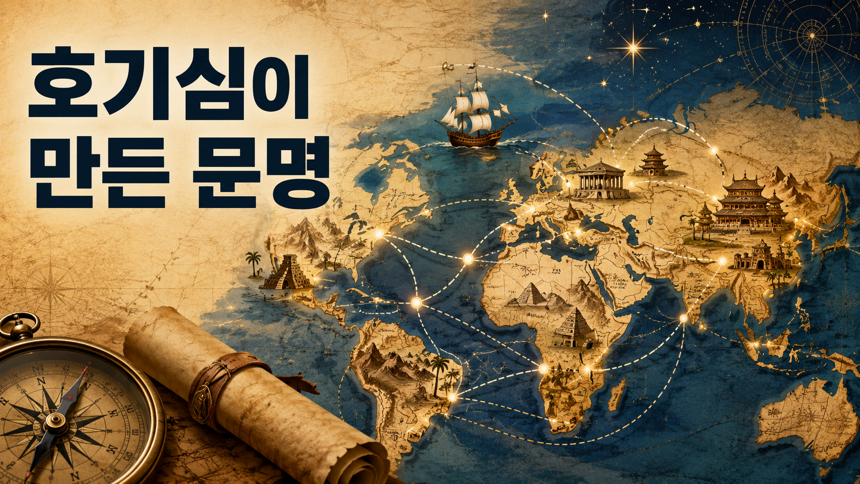 오래된 세계 지도와 항로를 배경으로 여러 문명이 연결되는 모습을 상징적으로 표현한 대표 이미지