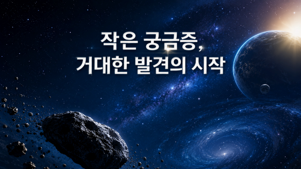 우주 속 작은 소행성을 바라보며 탐구를 이어가는 인간의 호기심을 표현한 대표 이미지