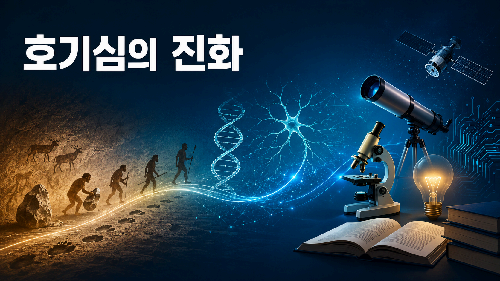 원시 시대의 탐색부터 현대 과학기술까지 이어지는 인간의 호기심과 진화를 상징적으로 표현한 대표 이미지