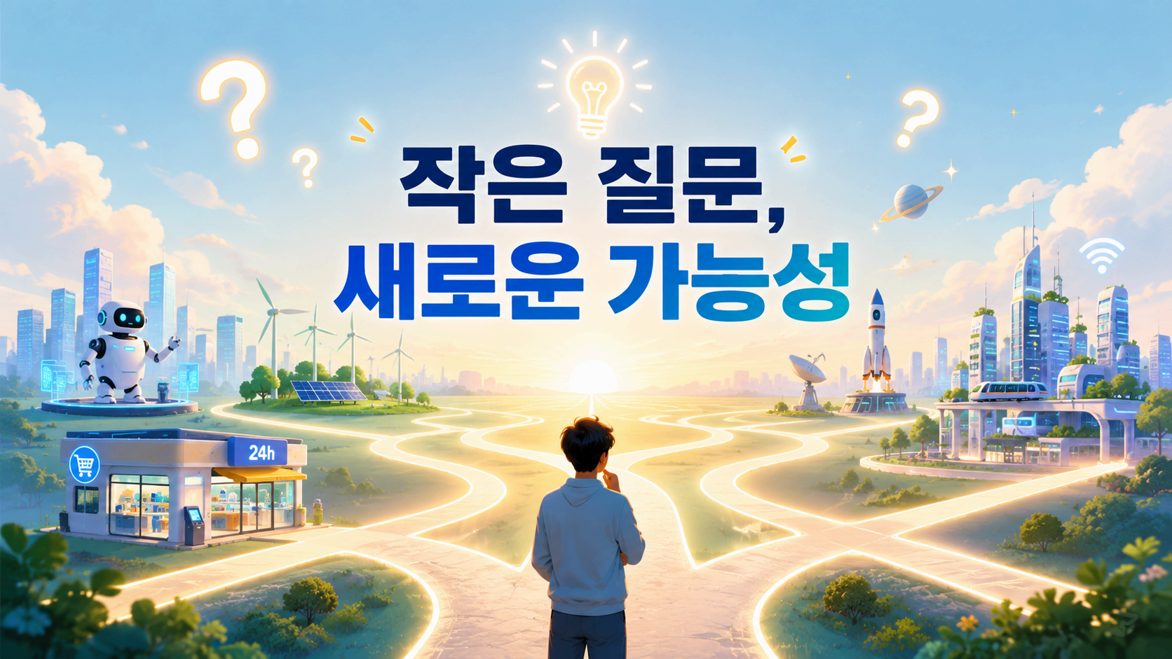 미래 도시를 바라보며 다양한 가능성을 상상하는 사람과 호기심을 상징하는 디지털 일러스트
