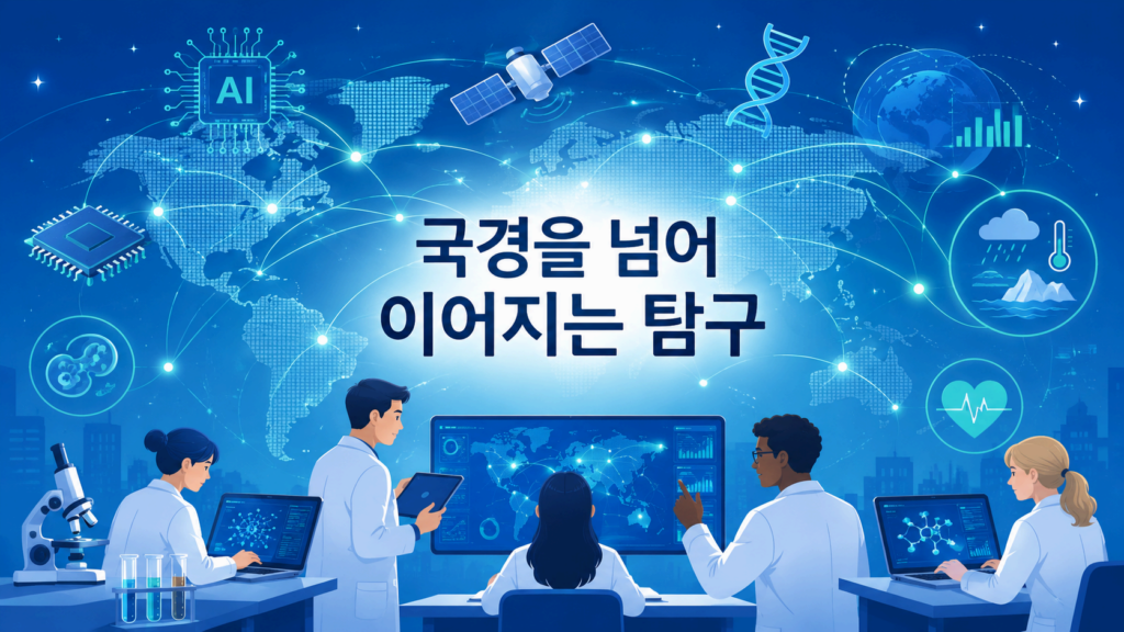 인간의 호기심을 바탕으로 세계 각국의 연구자들이 첨단 기술 분야에서 협력하는 모습을 표현한 일러스트