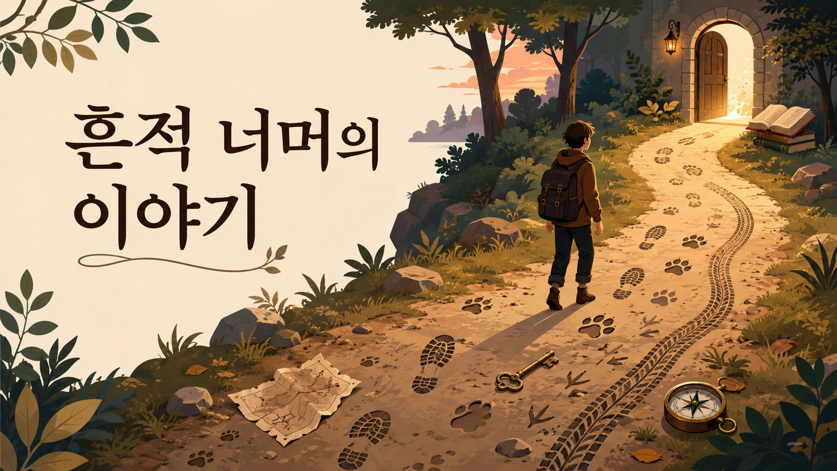 낯선 흔적을 따라 숨겨진 이야기를 발견하려는 인간의 호기심을 표현한 일러스트