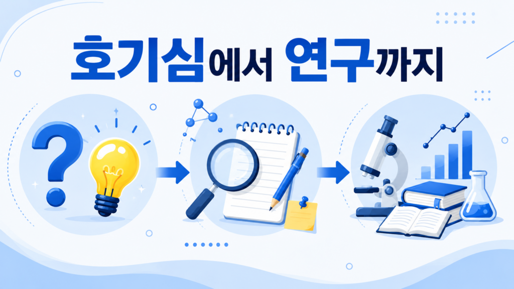 호기심이 질문과 탐구를 거쳐 연구 활동으로 발전하는 과정을 흐름 형태로 표현한 인포그래픽 이미지
