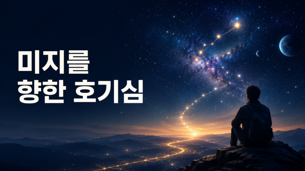 우주를 바라보는 사람의 실루엣과 별이 이어진 하늘을 배경으로 인간의 호기심과 미지의 세계에 대한 탐구를 상징적으로 표현한 대표 이미지