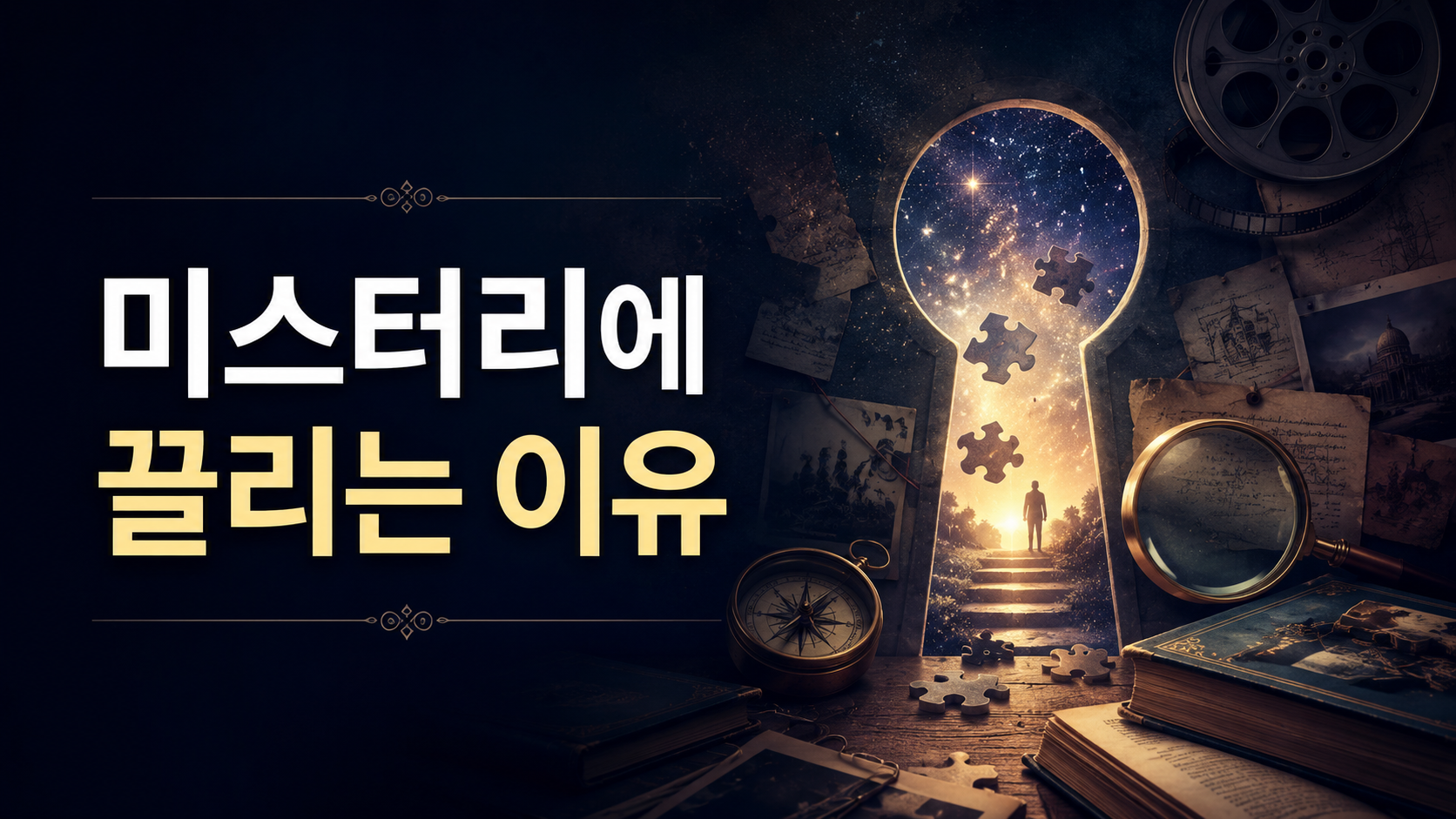 열쇠 구멍 너머의 빛과 퍼즐, 돋보기 등의 상징물을 통해 인간의 호기심과 미스터리 탐구를 표현한 대표 이미지