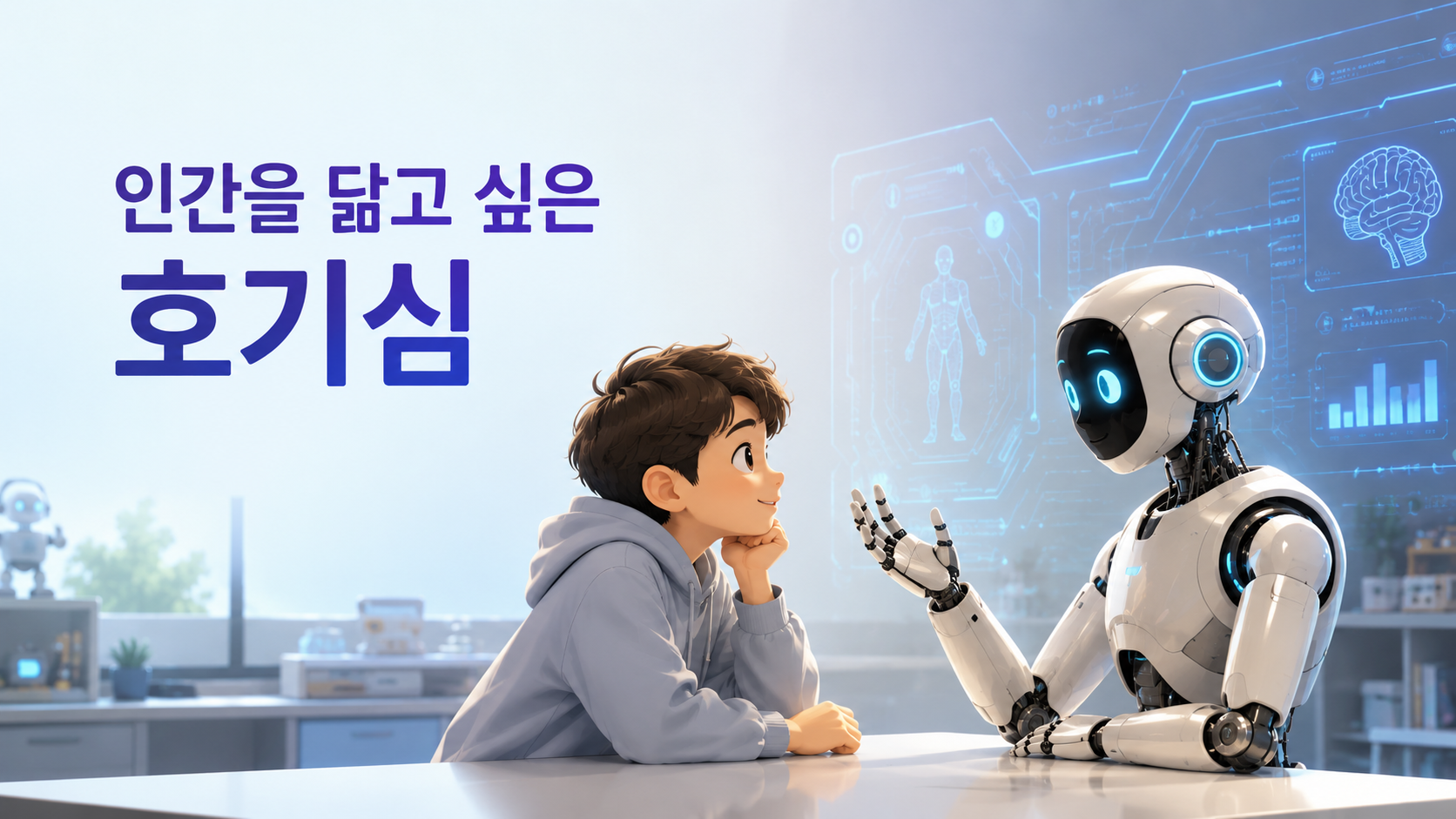 인간의 호기심으로 발전하는 인간형 로봇 기술을 표현한 일러스트