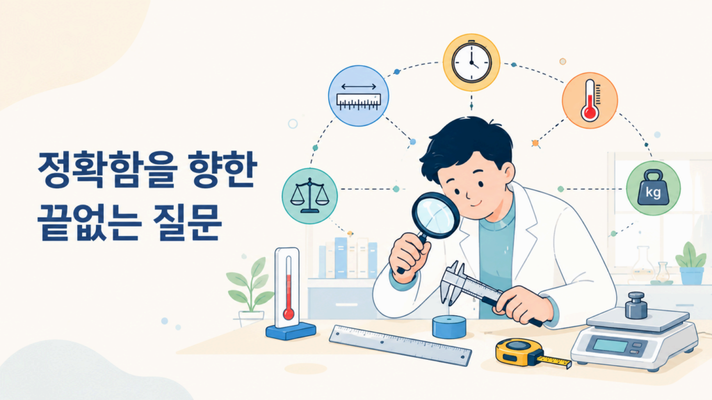 다양한 측정 도구를 활용해 정확한 기준을 찾는 과정을 표현한 일러스트