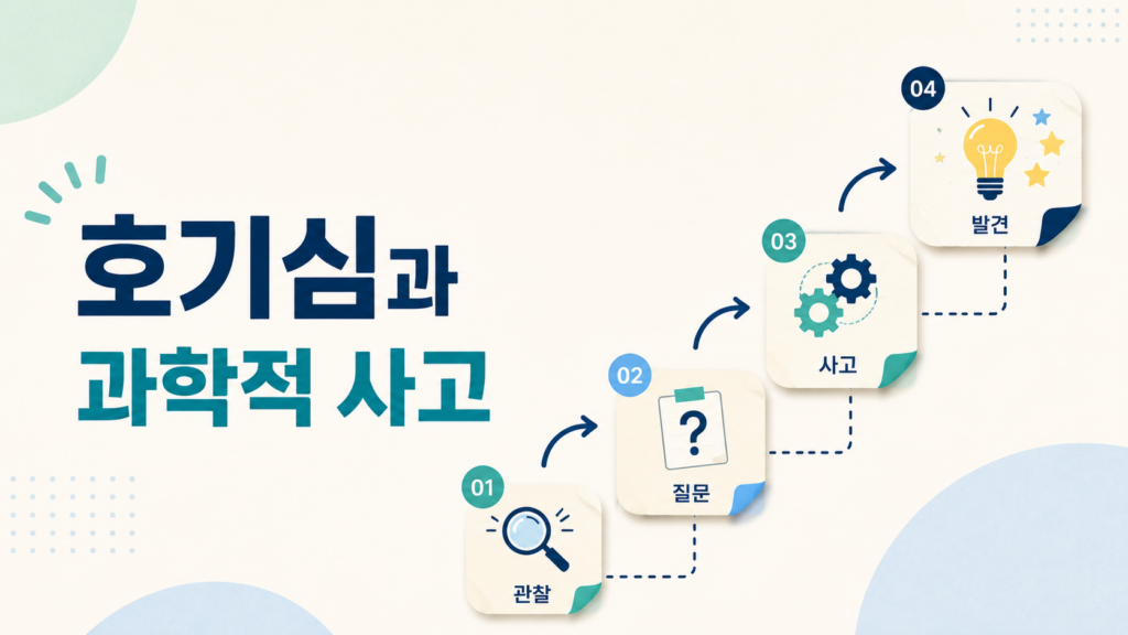 호기심에서 시작해 관찰과 질문, 사고를 거쳐 발견으로 이어지는 과학적 사고 과정을 계단형 메모 카드로 표현한 이미지