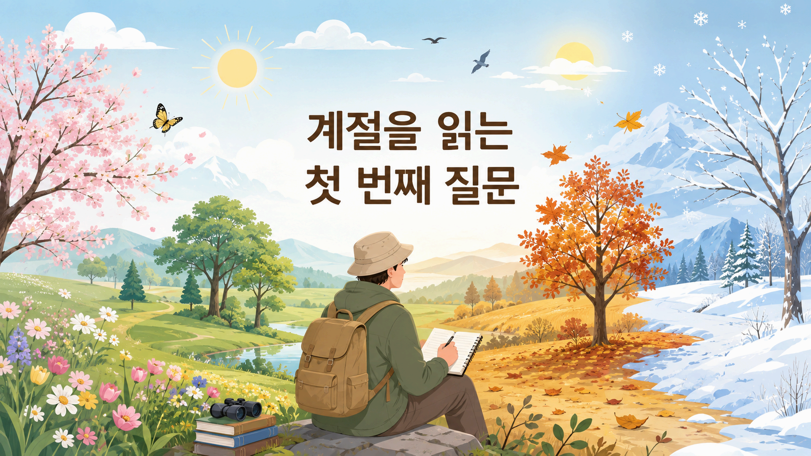 계절 변화를 관찰하며 자연의 규칙을 이해하는 인간의 호기심을 표현한 일러스트