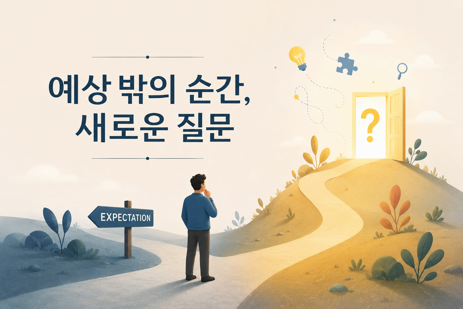 예상과 다른 결과를 발견하며 새로운 질문을 떠올리는 사람의 모습을 표현한 일러스트