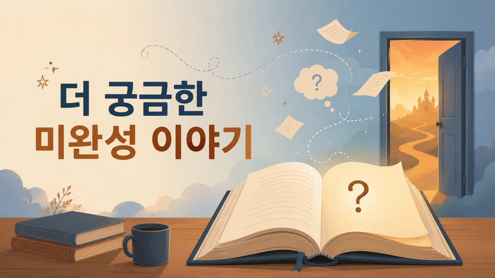 빈 마지막 페이지가 있는 책과 열린 문으로 미완성된 이야기에 대한 인간의 호기심을 표현한 일러스트