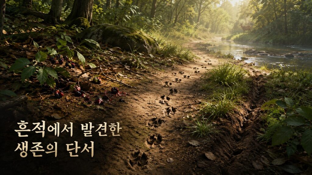 숲길에 이어진 동물 발자국과 먹이를 먹은 흔적, 물가로 향하는 이동 자국을 한 장면에 담아 동물 관찰에서 생존 정보를 찾아가는 모습을 보여주는 이미지