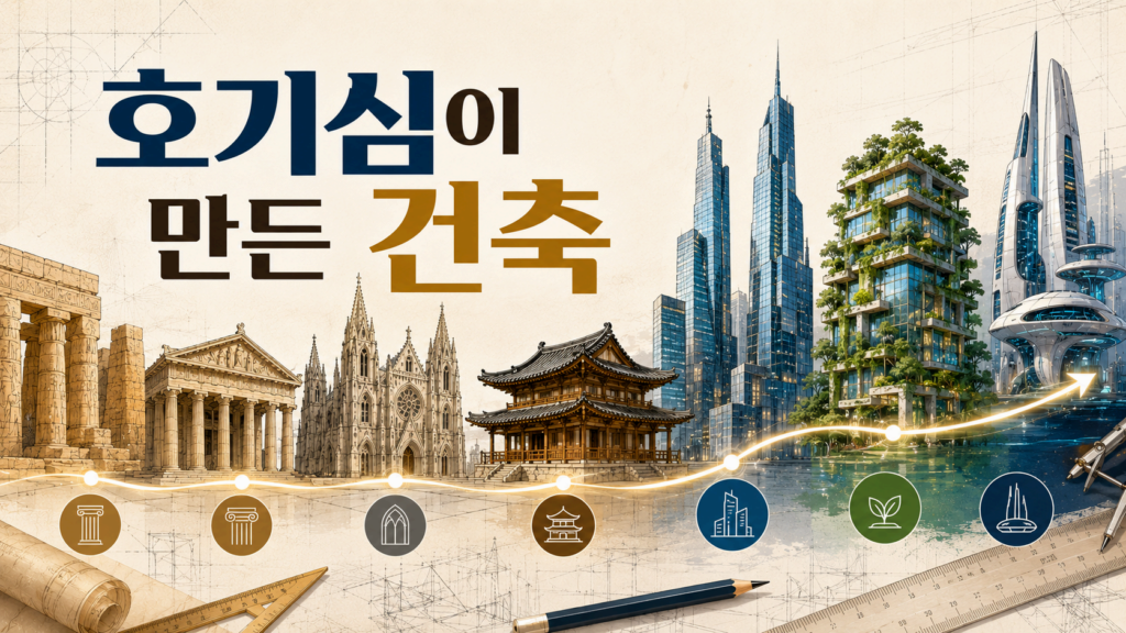 인간의 호기심이 시대별 건축 양식의 변화와 새로운 건축 기술의 발전을 이끈 과정을 표현한 대표 이미