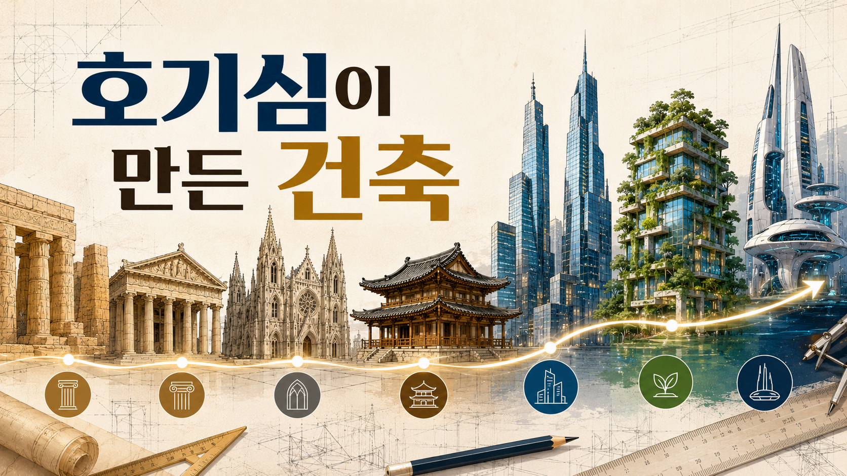 인간의 호기심이 시대별 건축 양식의 변화와 새로운 건축 기술의 발전을 이끈 과정을 표현한 대표 이미
