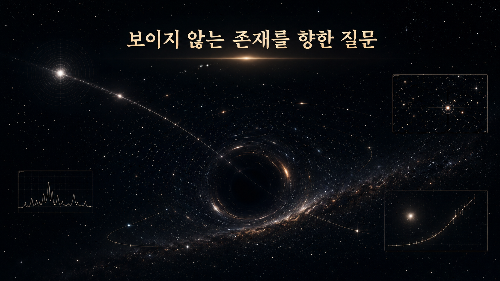어두운 중심부 주변에서 휘어지는 빛과 여러 관측 흔적을 통해 직접 볼 수 없는 블랙홀의 존재를 추적하는 모습