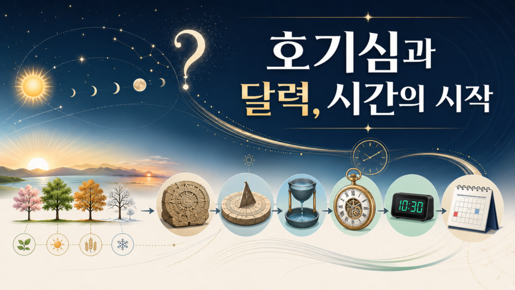 인간의 호기심이 달력과 시간 개념의 탄생으로 이어지는 과정을 표현한 일러스트