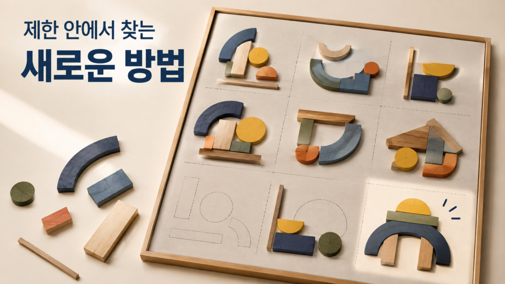정해진 공간과 제한된 재료 안에서 여러 배치를 시도하며 새로운 아이디어를 찾아가는 인간의 호기심과 제약 조건의 관계를 표현한 이미지