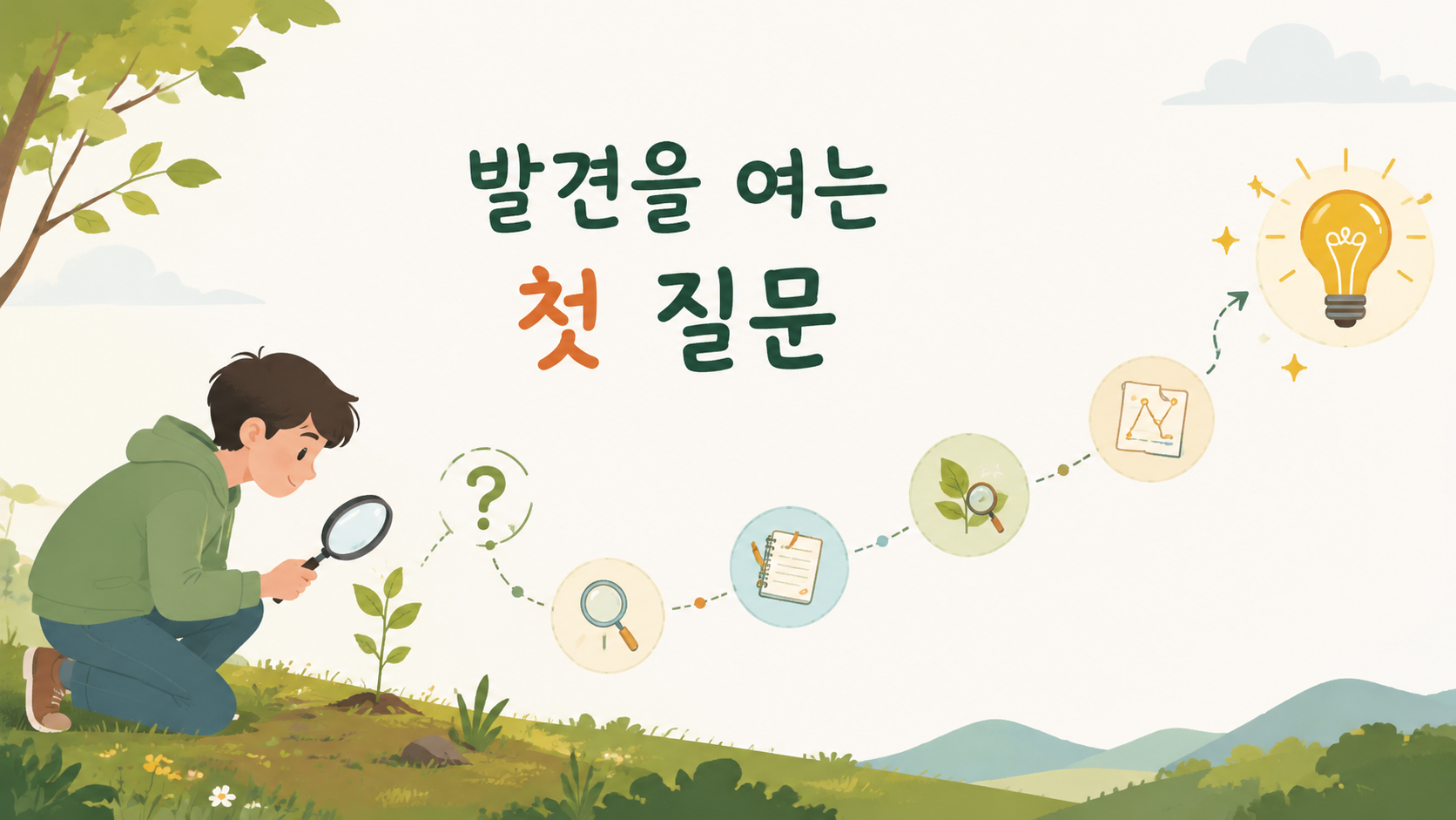 작은 질문에서 시작된 인간의 호기심이 새로운 발견으로 이어지는 과정을 표현한 이미
