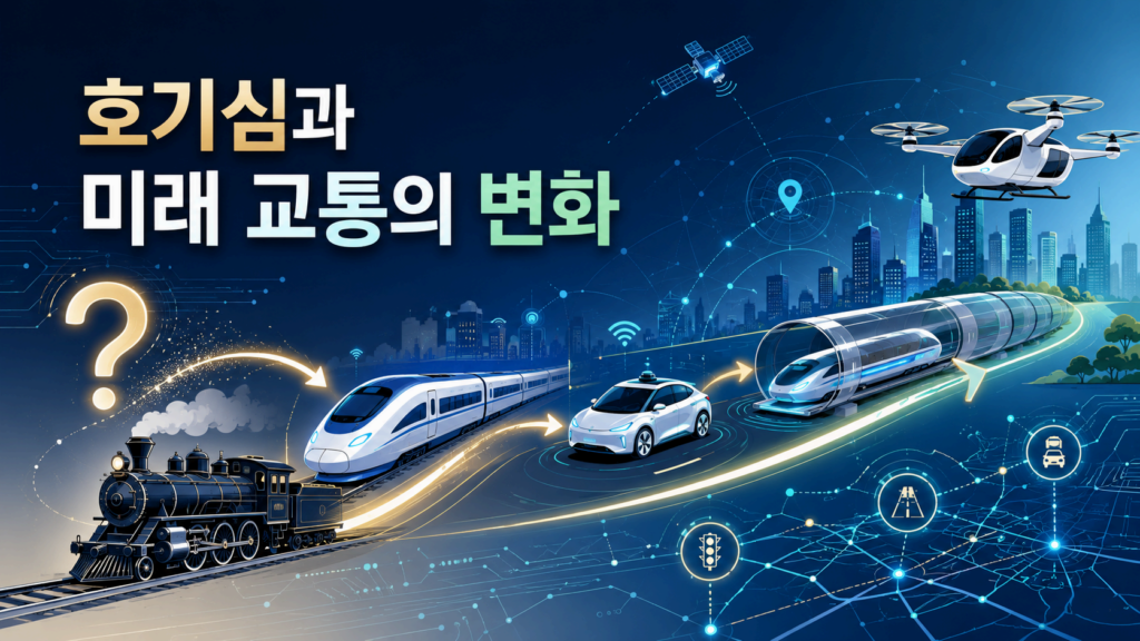 인간의 호기심이 미래 교통 기술의 발전과 변화를 이끄는 모습을 표현한 대표 이미
