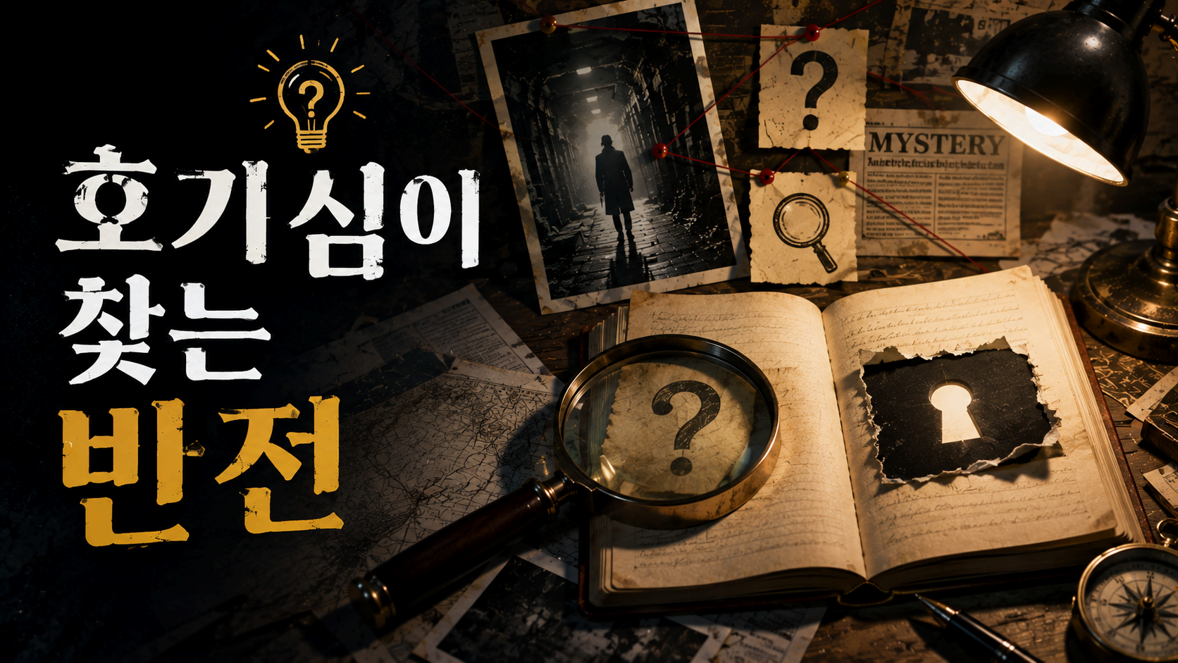 인간의 호기심이 반전 이야기 속 숨겨진 단서와 진실을 추리하는 과정을 탐정 보드와 확대경으로 표현한 대표 이미지