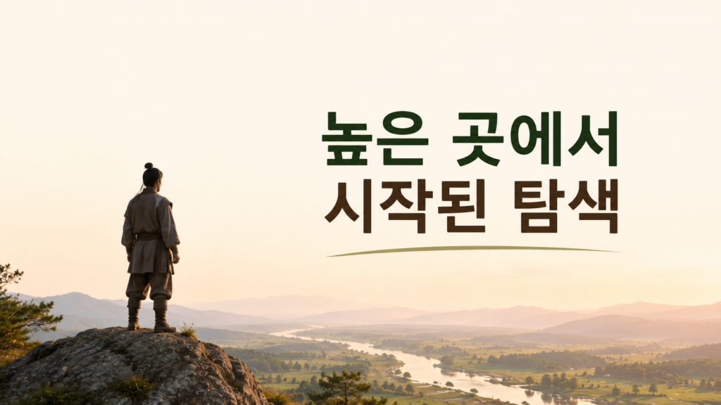 높은 곳에 올라 넓은 풍경을 살피는 초기 인류의 탐색 행동을 표현한 일러스트