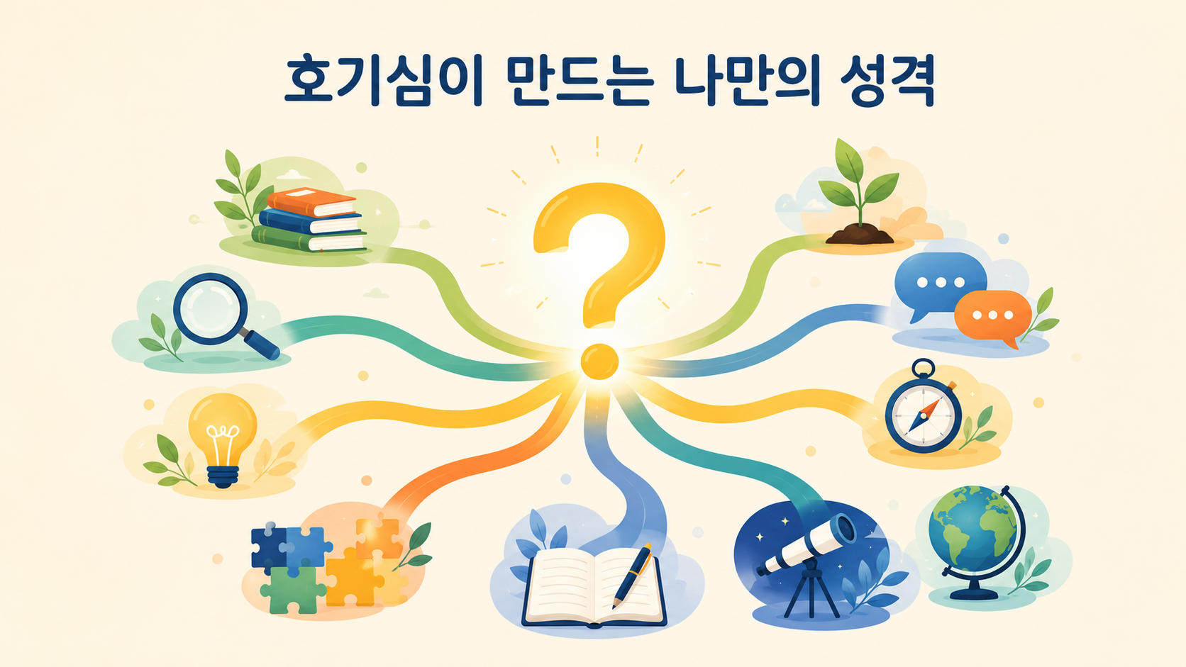 인간의 호기심이 성격 특성에 영향을 주는 과정을 표현한 일러스트
