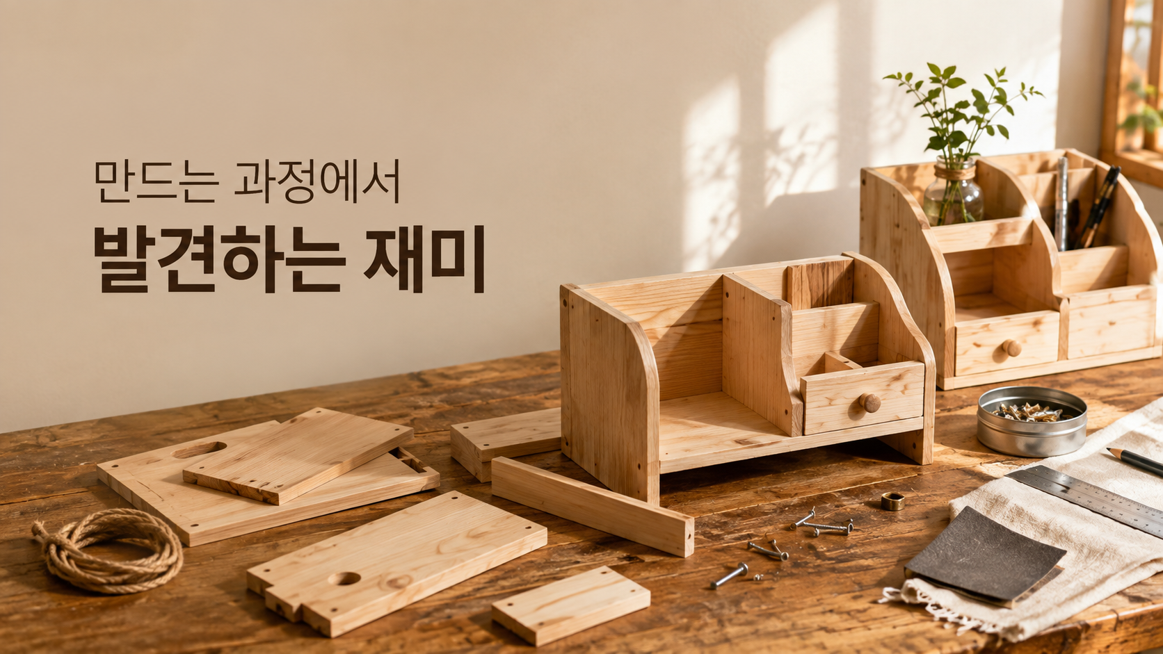 조립 전 재료와 제작 중인 소품, 완성된 결과물이 한 작업대에 놓여 DIY 과정에서 새로운 방법을 발견하는 모습을 담은 장면
