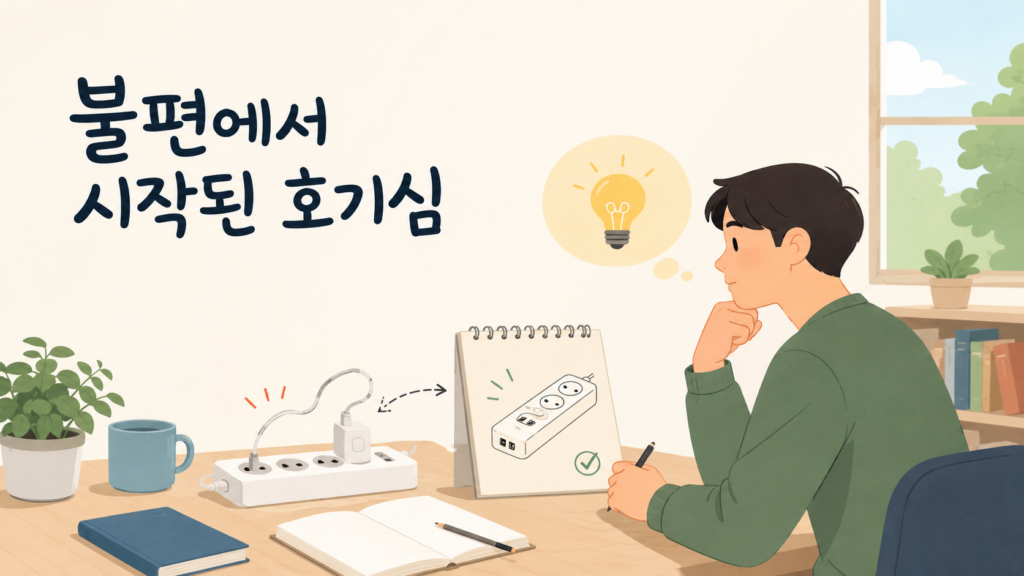 익숙한 불편을 발견하고 더 나은 해결 방법을 떠올리는 모습을 표현한 일러스트