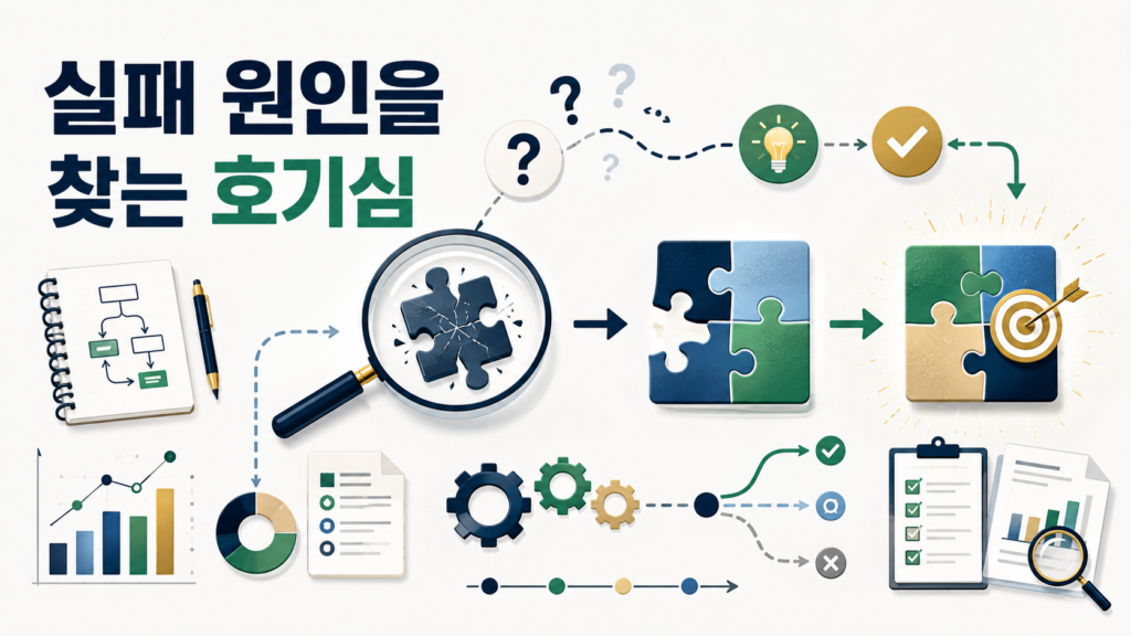 인간의 호기심이 실패 원인을 분석하고 더 나은 해결 방법을 찾는 과정을 표현한 일러스트