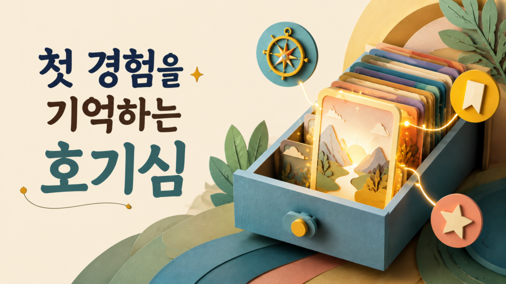 첫 경험이 특별한 기억으로 저장되는 과정을 인간의 호기심과 함께 표현한 3D 페이퍼 디오라마 스타일 일러스트