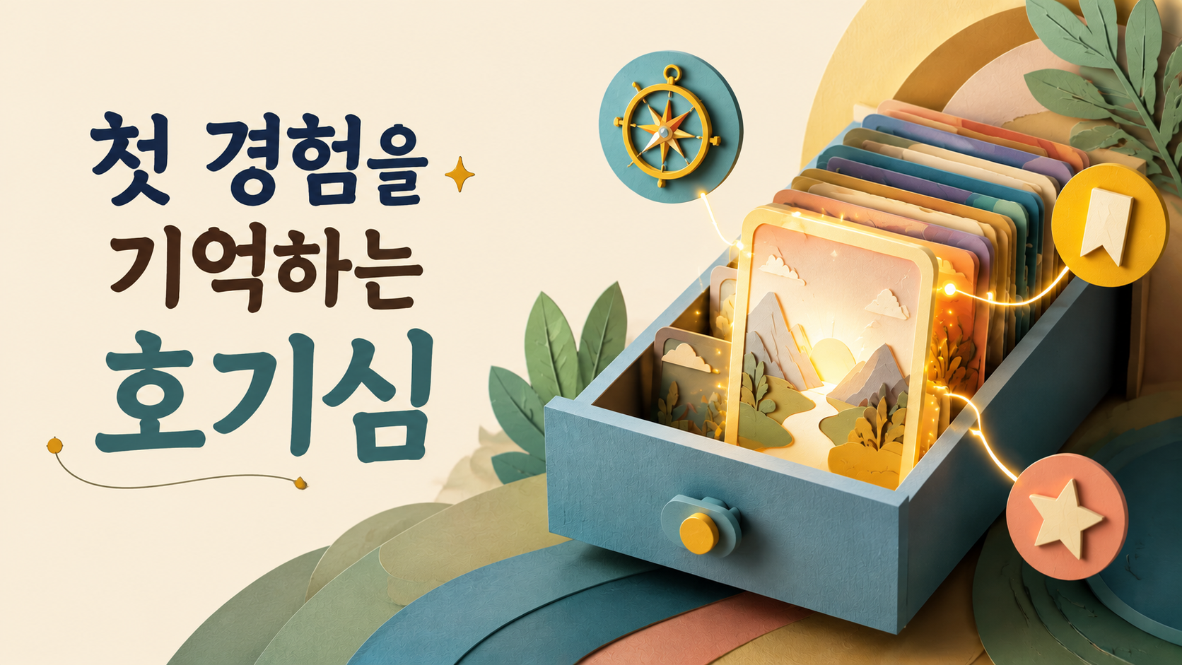 첫 경험이 특별한 기억으로 저장되는 과정을 인간의 호기심과 함께 표현한 3D 페이퍼 디오라마 스타일 일러스트