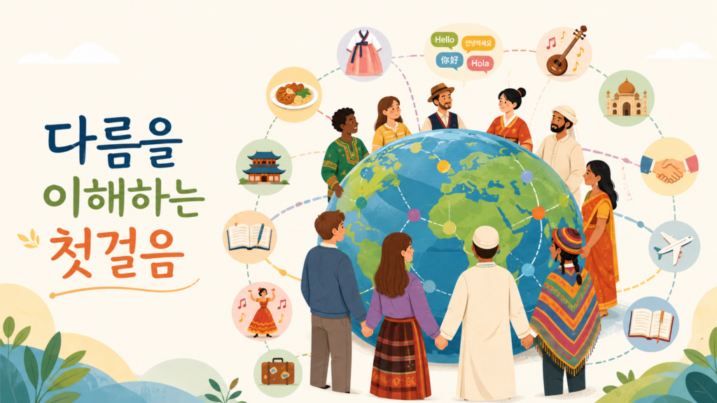 인간의 호기심과 문화 차이를 이해하는 과정을 표현한 대표 일러스트