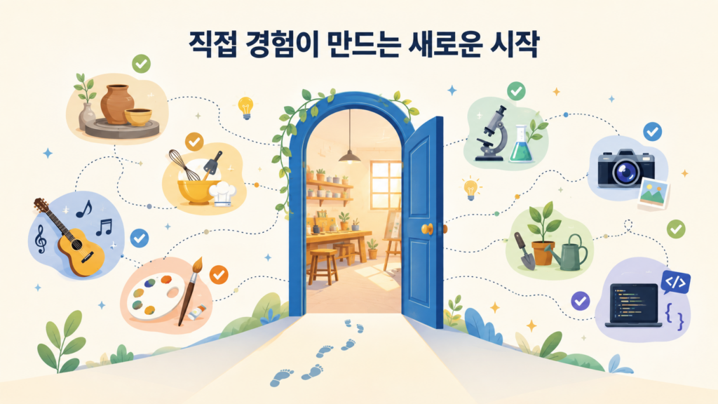 인간의 호기심이 체험 수업을 선택하는 과정을 표현한 대표 일러스트
