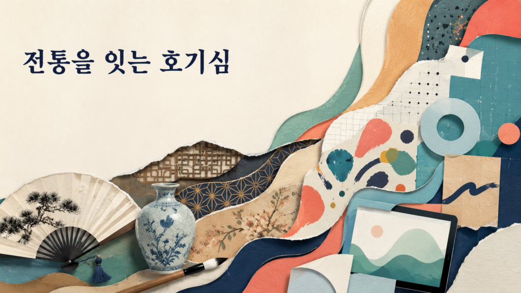 전통 예술의 요소를 현대적인 표현으로 재해석하는 과정을 종이 콜라주 스타일로 표현한 일러스트
