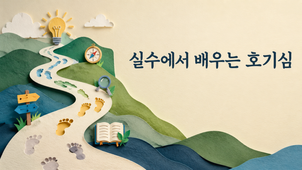 실수를 경험으로 바꾸며 성장하는 인간의 호기심을 종이 컷아웃 스타일로 표현한 일러스트