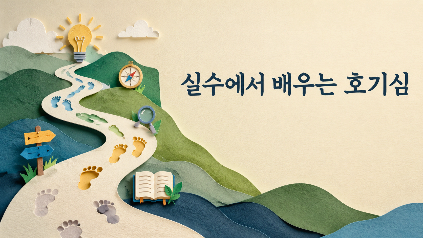 실수를 경험으로 바꾸며 성장하는 인간의 호기심을 종이 컷아웃 스타일로 표현한 일러스트