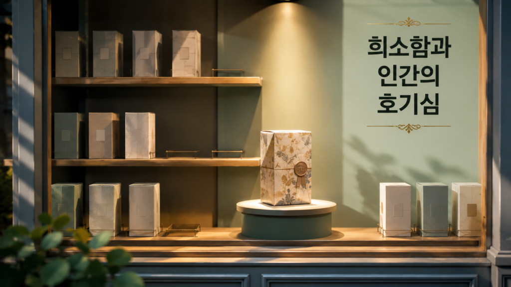 한정된 수량과 특별한 차이가 인간의 호기심을 자극해 한정판 제품의 특징과 희소성을 탐색하게 만드는 모습을 미니어처 쇼윈도 스타일로 표현