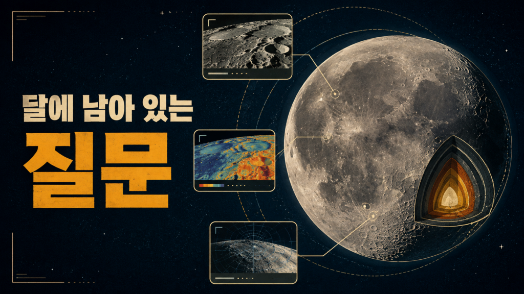 서로 다른 관측 기록을 통해 달 표면과 극지방, 보이지 않는 구조를 계속 탐구하는 인간의 호기심을 레트로퓨처리즘 우주 아카이브 스타일로 표현한 일러스트