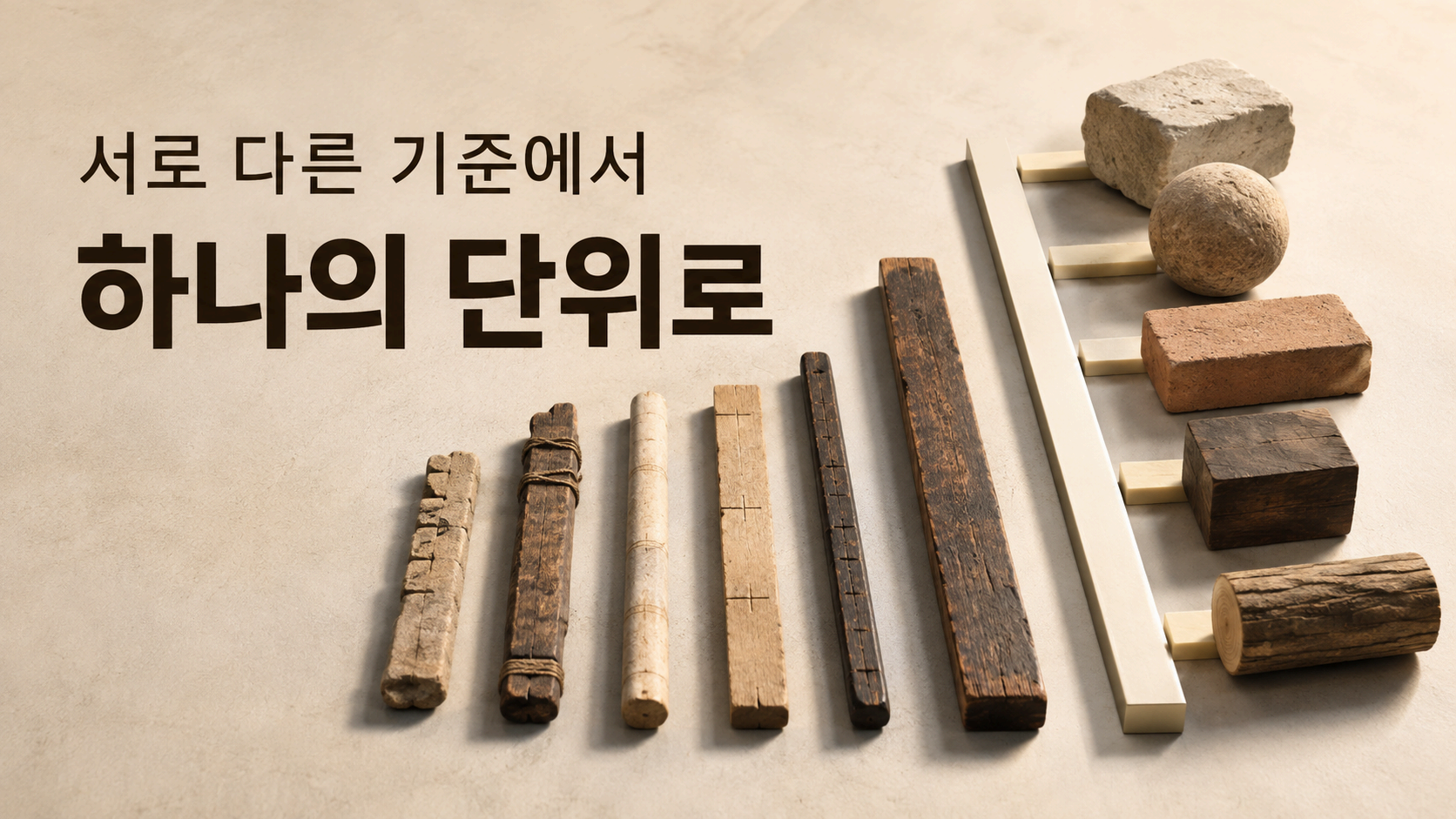 서로 달랐던 길이 기준을 비교하고 공통된 측정 기준을 찾아가는 과정으로 표준 단위의 탄생과 인간의 호기심을 표현한 일러스트